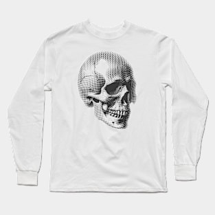 Ink Stains and Bone: A Raw Halftone Skull Tapestry Long Sleeve T-Shirt